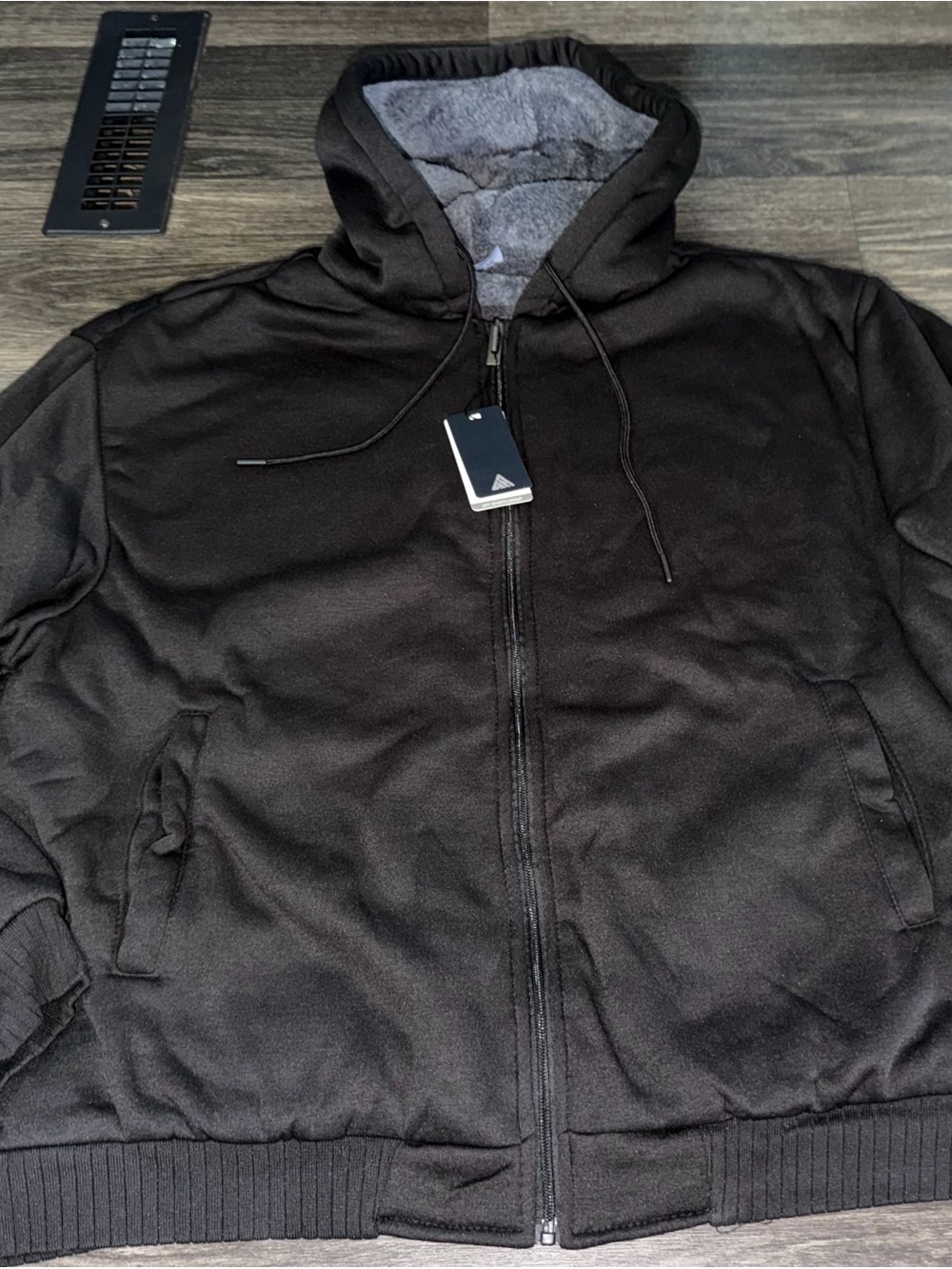 Amazon Men's Black Full-Zip Hooded Sweater with Gray Sherpa Lining